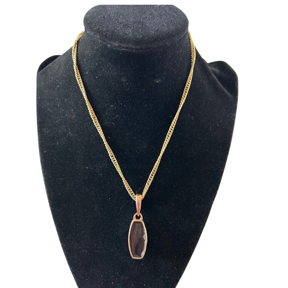 Monet Vintage Gold Tone Reversible Pendant Necklace Mother of Pearl Black Stone